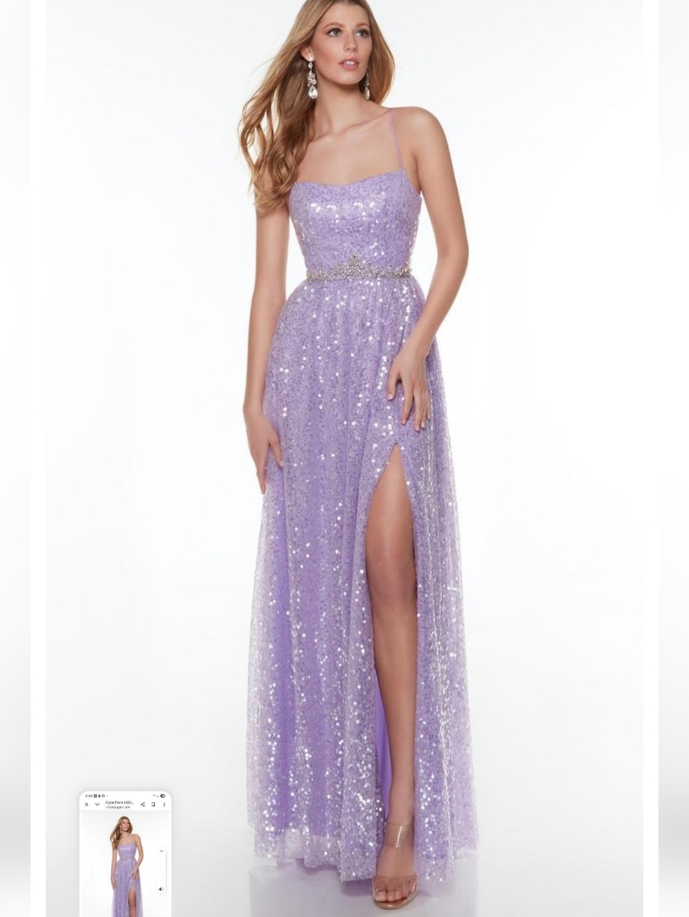Size 10/12 light purple thin strap sequin Aline gown w/ scoop neck & slit NWT